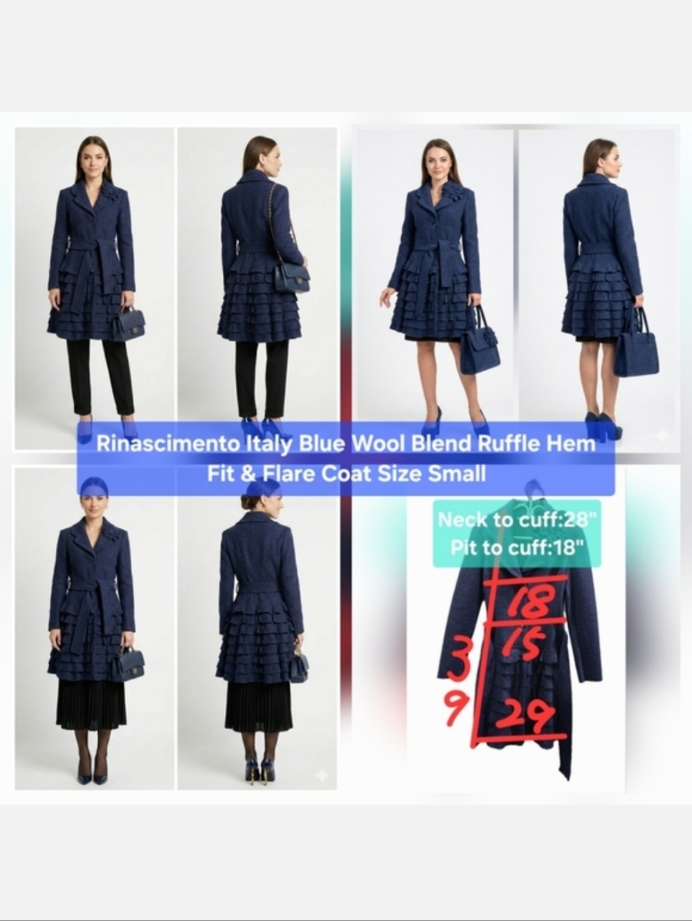 Rinascimento Italy Blue Wool Blend Ruffle Hem Fit & Flare Coat Size Small